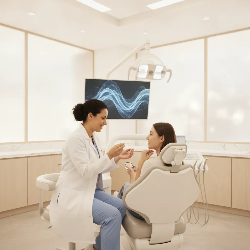 Dr Bouchra Bouslikhane expliquant les gouttières transparentes Invisalign à un patient au cabinet de Rabat