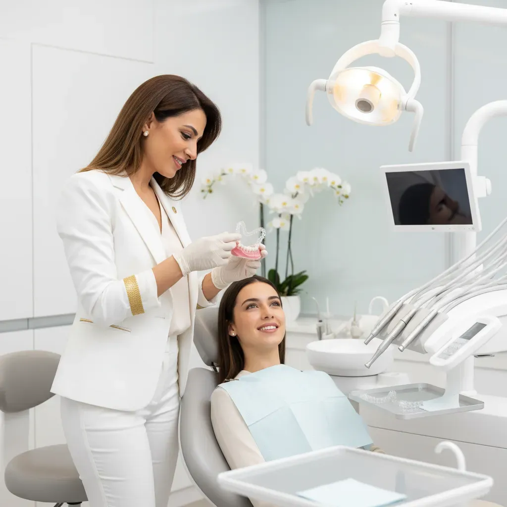 Dr Bouchra Bouslikhane examinant patient avec Invisalign Rabat