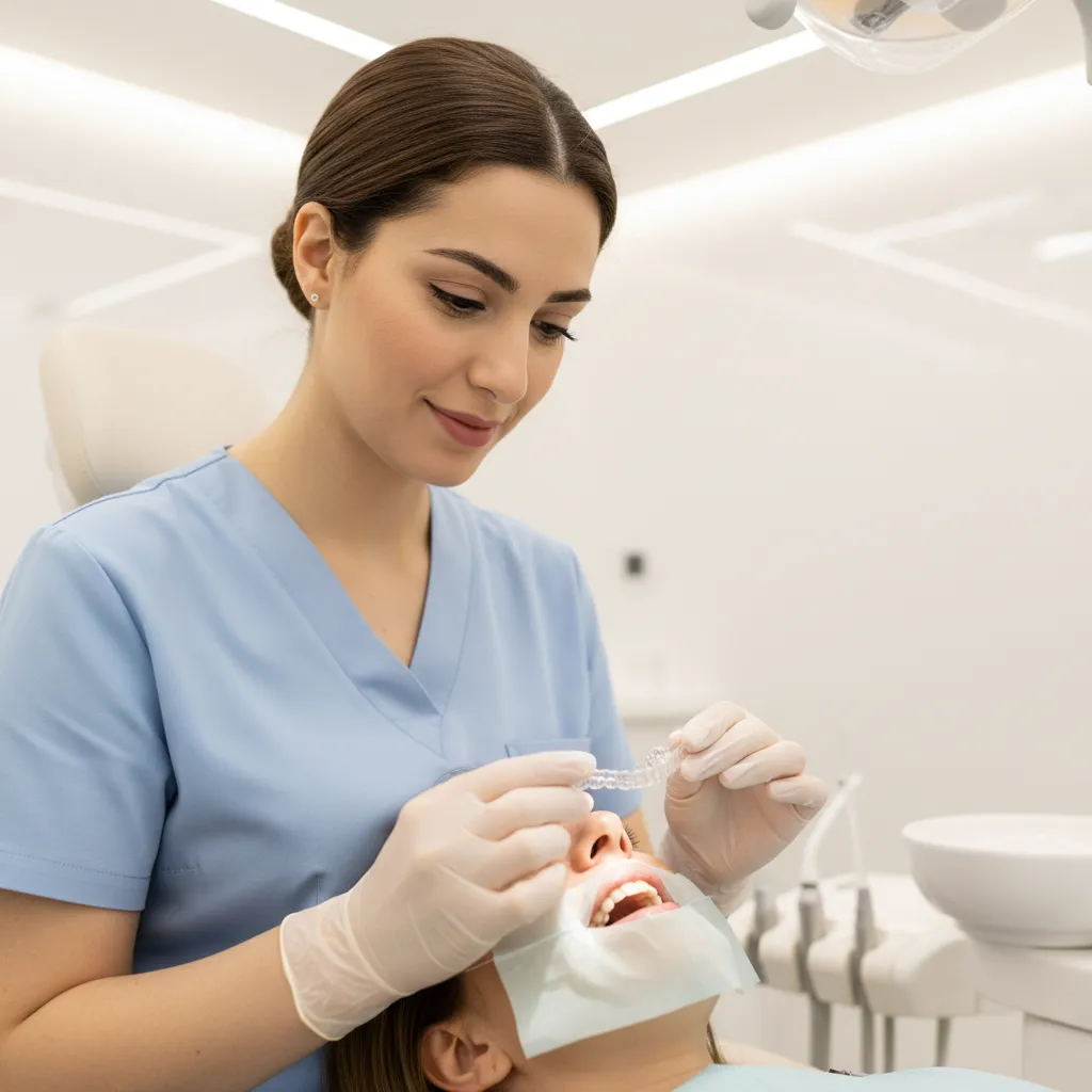 Dr Bouchra Bouslikhane appliquant un traitement Invisalign à la Clinique Bô Sourire Rabat