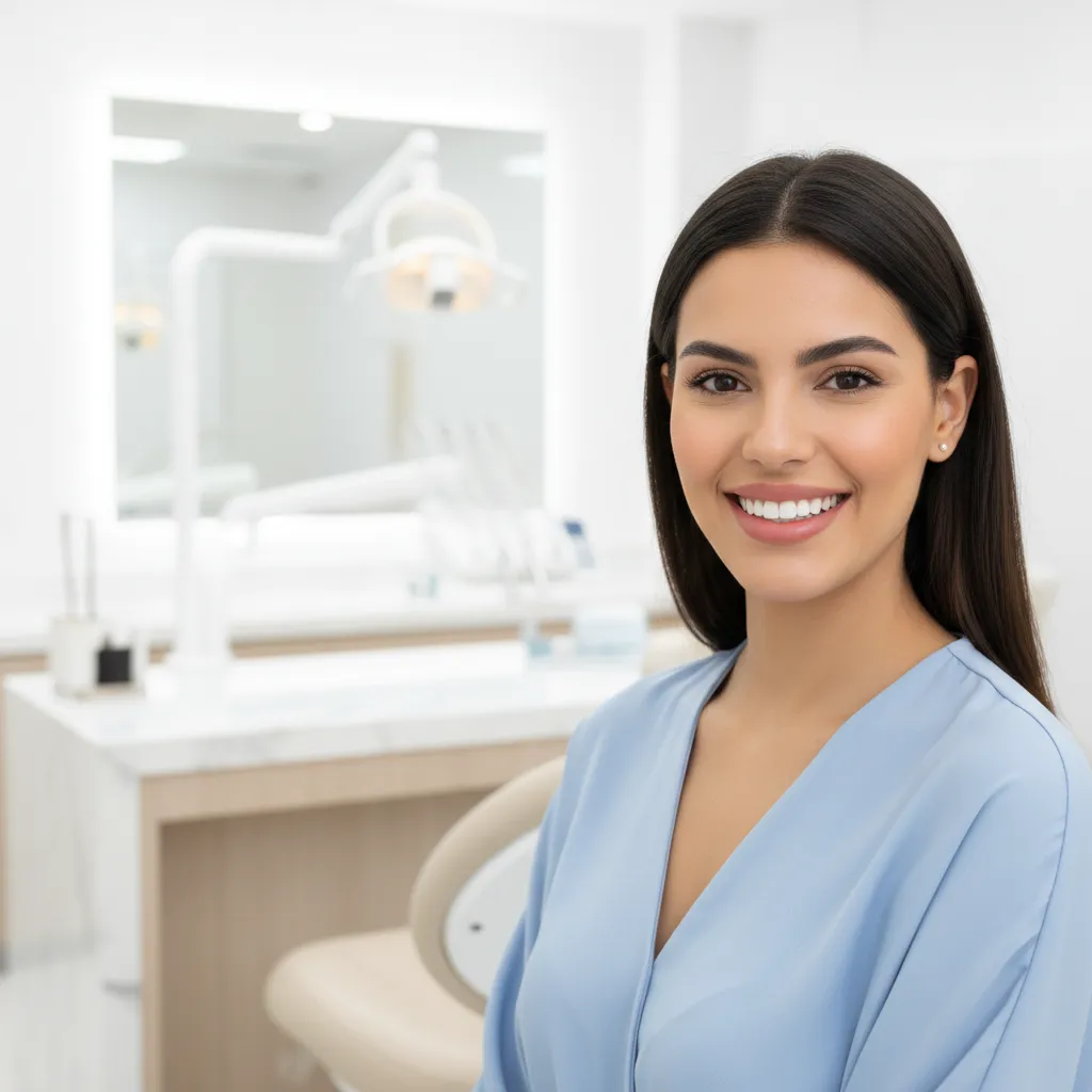Patiente souriante montrant les résultats d'un traitement Invisalign à la clinique Bô Sourire Rabat